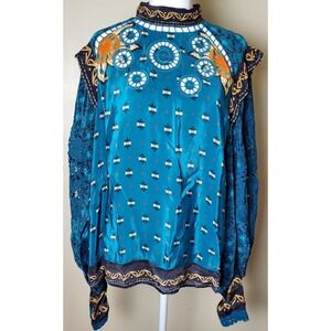 Farm Rio Ainika Teal Blue Blouse Lace Balloon Sleeves‎ Ruffle Shoulder Large